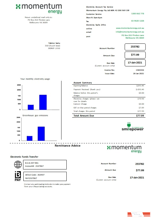 Australia Momentum Energy utility bill